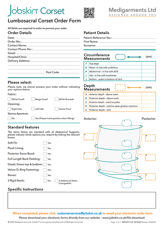 Jobskin Lumbosacral Corset Order Form - Electronic